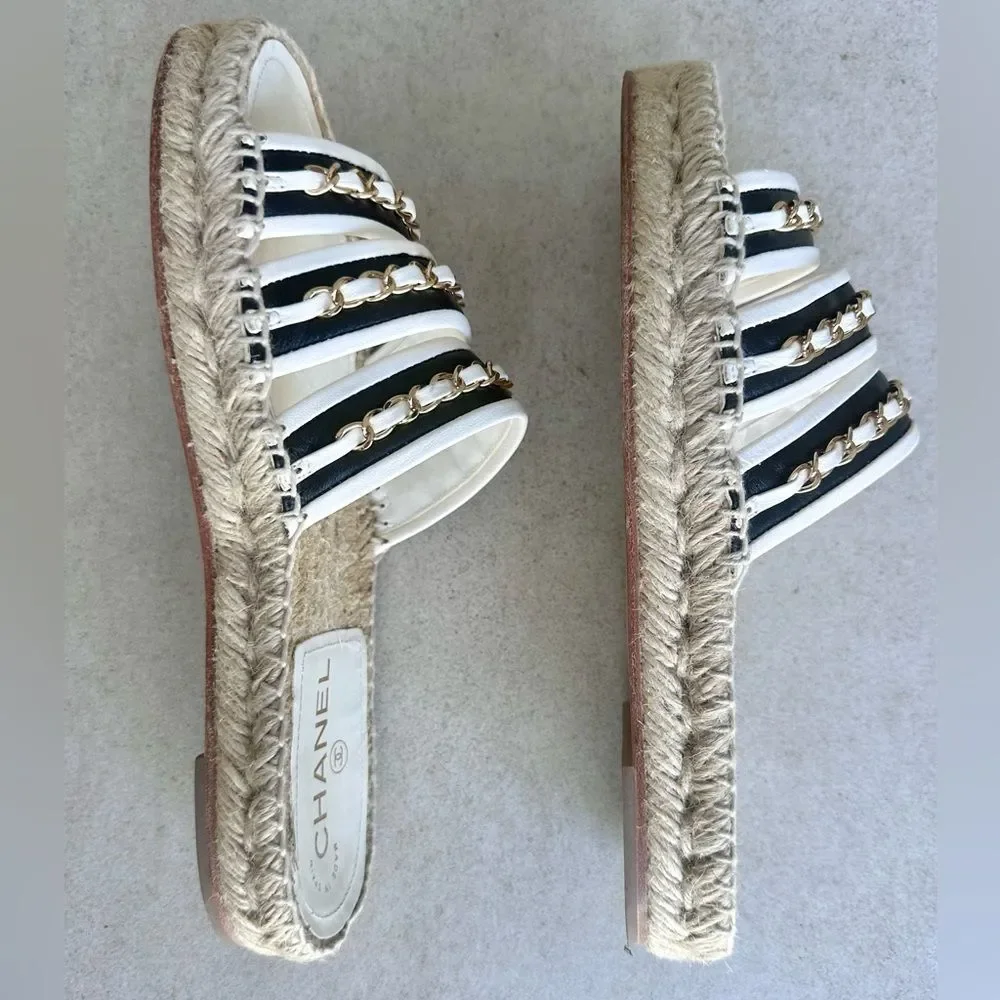 CHANEL Chain Lambskin Espadrille Slip On Sandals  EU 37 US 6-6.5 Black & White